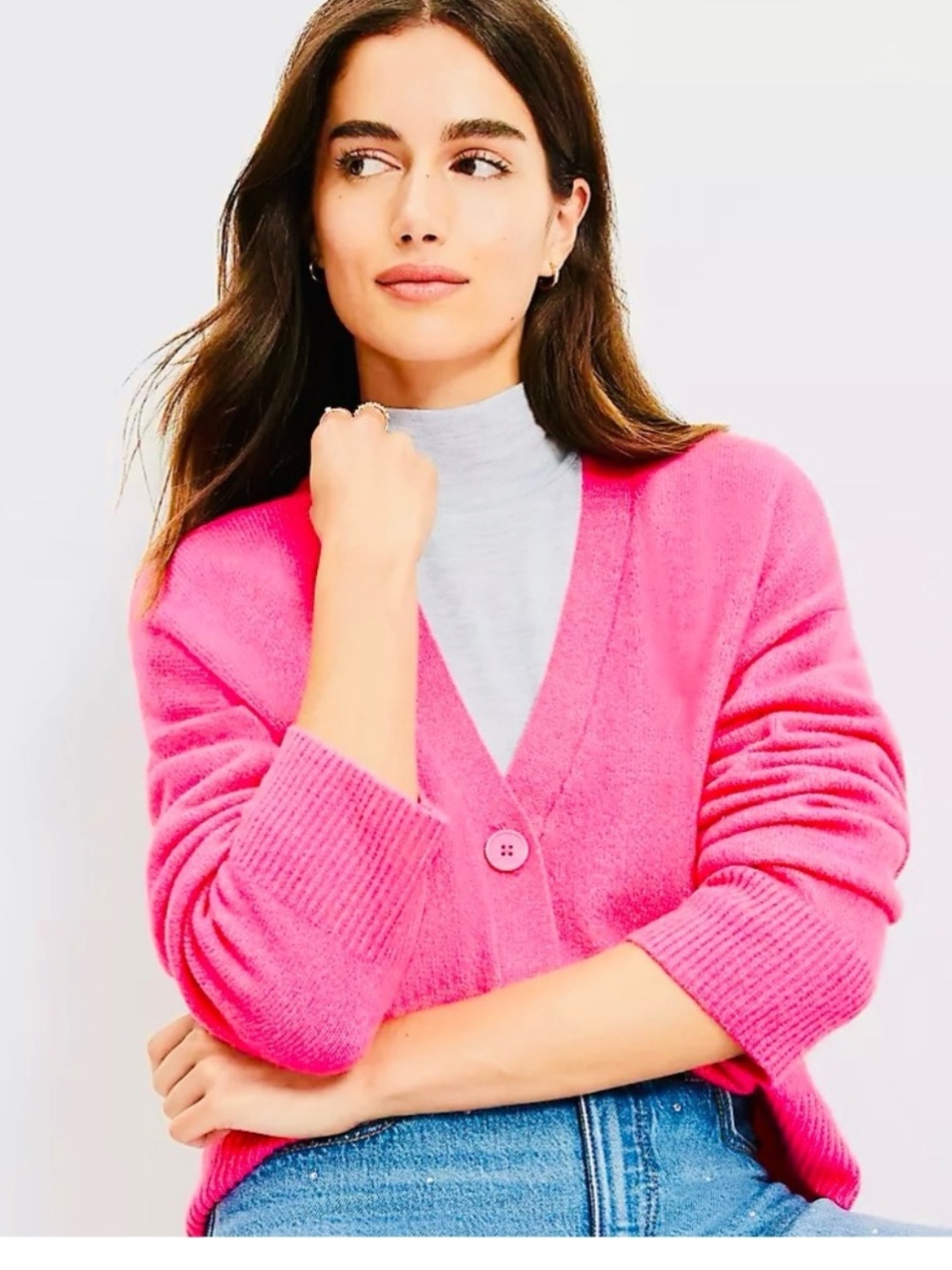 LOFT NWT XL Modern V-Neck Cardigan in Melrose Pink • Ultra Soft Cropped Sweater